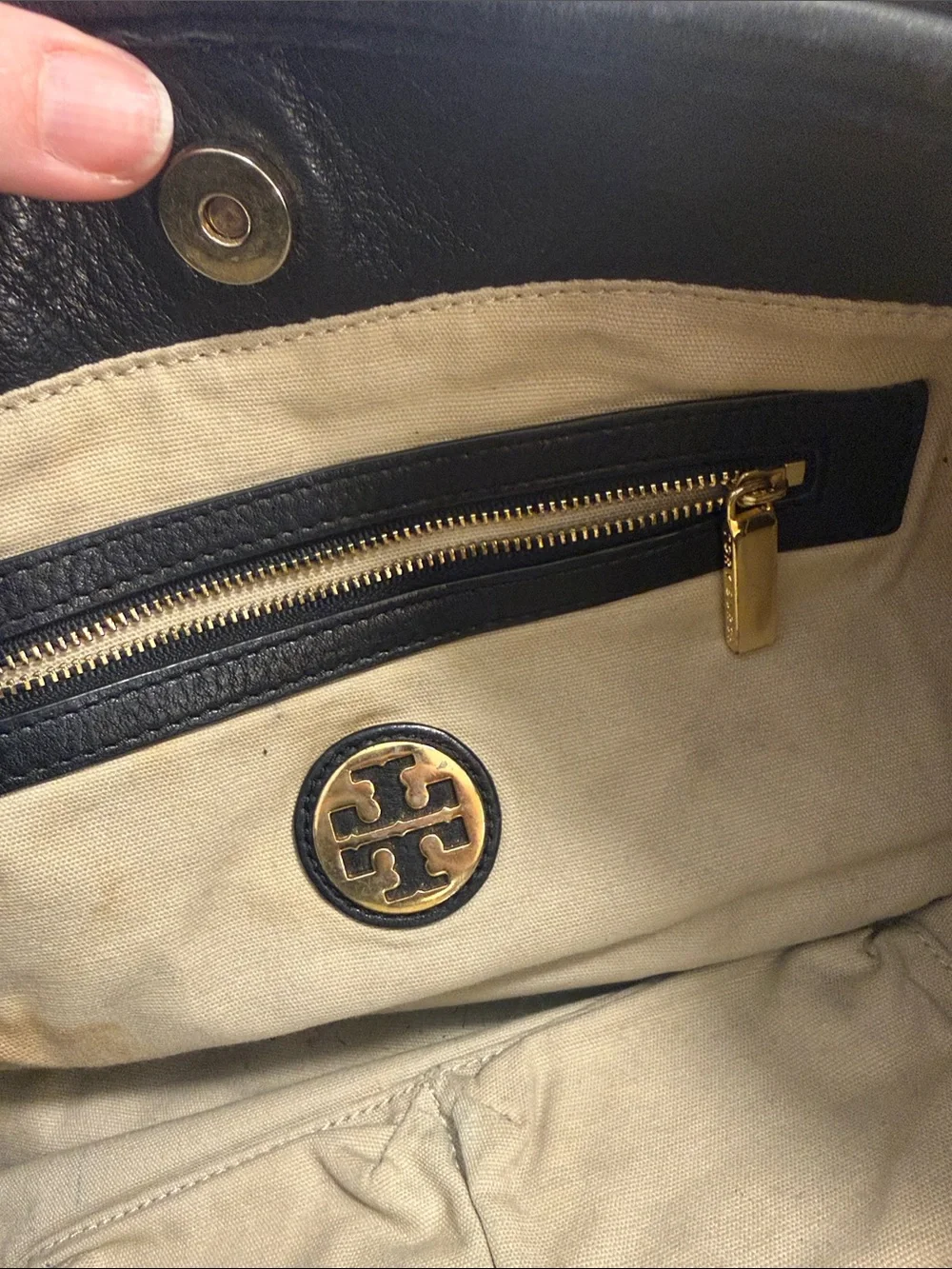 Tory Burch Black Leather Shoulder Tote with Gold Logo Medallion